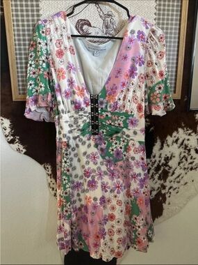 Beyond the Radar Floral V-Neck Mini Dress in White, Pink & Green